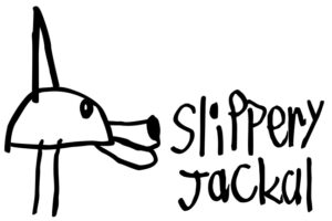 cartoon drawing of jackal-mushroom hybrid with the words Slippery Jackal