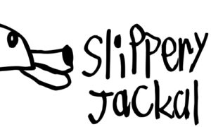 cartoon drawing of jackal-mushroom hybrid with the words Slippery Jackal